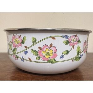Vintage Kobe Kitchen Enamelware Bowl Retro Pink Yellow Floral Japan